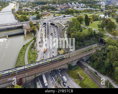 Leuzeknoten, cantiere per la riorganizzazione dello svincolo stradale, autostrada federale B10 e B14. Vista aerea con Rosensteinpark, ferrovia Foto Stock