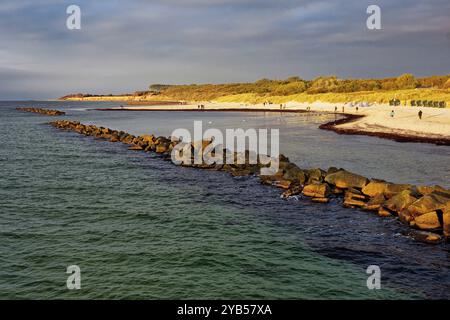 Spiaggia del Mar Baltico, passeggiate sulla costa del Mar Baltico sulla spiaggia di Wustrow alla luce della sera, atmosfera serale, località balneare Baltica di Wustrow, Fischland-Darss- Foto Stock