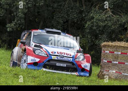 Treviri, Germania, 23 agosto 2014, l'ex pilota di Formula 1 Robert Kubica si ritirò a causa di un problema di trasmissione da parte della Rallye Deutschland, ma prese comunque la S. Foto Stock