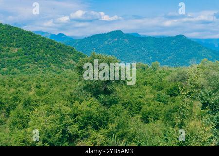 Paesaggi mozzafiato dalle grandi montagne caucasiche. Oguz, Azerbaigian. Estate, 2024. Foto Stock