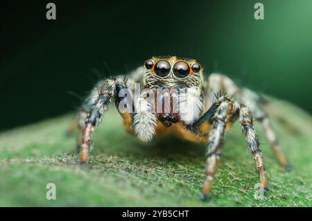 Il ragno che salta con otto occhi si erge su una foglia verde, con un aspetto colorato e leggermente inquietante mentre caccia le prede in natura. Foto Stock