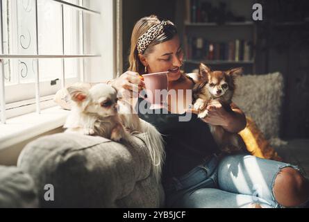 Donna, caffè e cane sul divano di casa al mattino con relax, calma e pausa con animali domestici e cura. Amore, sorriso e tè con animali, chihuahua e persona Foto Stock