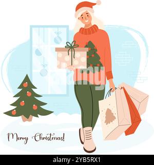 Buon Natale. Shopping di Capodanno. Ragazza bionda felice nel cappello di Babbo Natale in maglione festivo con pacchetti e confezione regalo sulla strada della vetrina del negozio e tr di Natale Illustrazione Vettoriale