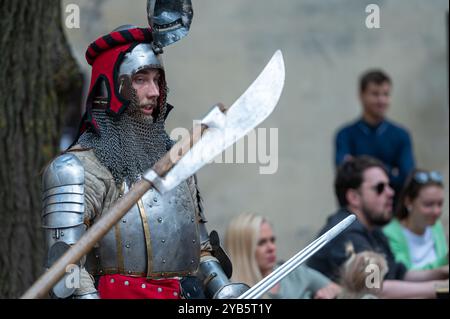 Jaunpils, Lettonia - 10 agosto 2024: I rievocatori storici in armatura medievale partecipano a una manifestazione di combattimento durante un evento Foto Stock