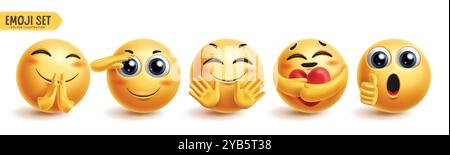 Set di vettori di caratteri emoticon compatibili con le emoji. Personaggio 3d giallo emoji in posizioni di icone felici, applausi, saluti, saluti, saluti, premurose e approvate Illustrazione Vettoriale