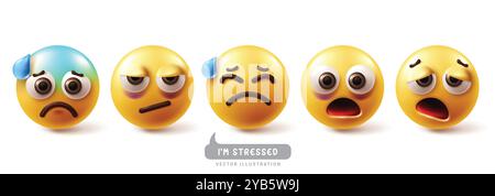 Set di vettori di caratteri emoticon emoji stress. Emoji emoticon in stress, nervoso, preoccupato, stanco, spaventato e depresso carattere di espressione facciale Illustrazione Vettoriale