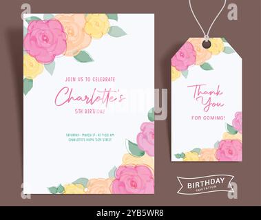 Design del modello vettoriale della carta d'invito del fiore di compleanno. Invito di compleanno della ragazza e biglietto di ringraziamento con decorazione di fiori di acquerello. Illustrazione Vettoriale