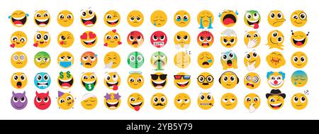 Set di vettori di caratteri piatti emoji. Collezione di icone emoji in Sad, Crying, Weird, in Love, Sick e divertenti espressioni facciali elementi emoji in bianco Illustrazione Vettoriale