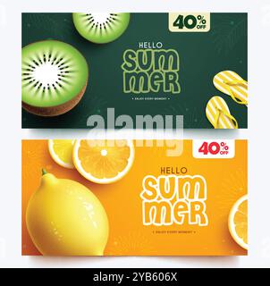 Design del set di banner vettoriali con vendita estiva. Saluto estivo con kiwi e limone di frutta tropicale per la promozione dello shopping stagionale. Vettore Illustrazione Vettoriale