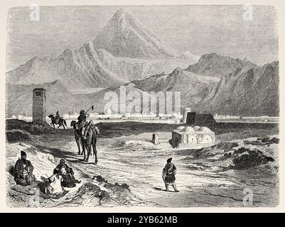 Monte Damavand, Iran. Disegno di Jules Laurens (1825-1901) viaggio in Persia, 1855-1858 di Arthur de Gobineau (1816-1882) le Tour du Monde 1860 Foto Stock