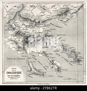 Cartina della Calcidica per aiutare Proust nel suo viaggio verso il Monte Athos. Grecia. Viaggio al Monte Athos, 1858 di Antonin Proust (1832-1905) le Tour du Monde 1860 Foto Stock