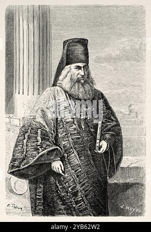 Archimandrite del monastero di Ivirone sul Monte Athos. Grecia. Disegno di Jules Pelcoq (1823-1887) viaggio al Monte Athos, 1858 di Antonin Proust (1832-1905) le Tour du Monde 1860 Foto Stock