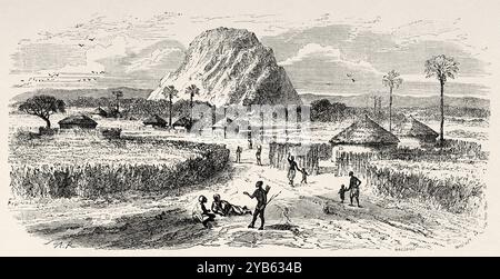 Villaggio di Marghi, Lago di Ciad. Nigeria, Africa. Disegno di Adolphe Rouargue (1810-1870) viaggi e scoperte nell'Africa settentrionale e centrale, 1849-1855 di Heinrich Barth (1821-1865) le Tour du Monde 1860 Foto Stock
