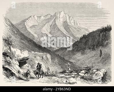 La catena montuosa Aurouze del massiccio Dévoluy, dipartimento Hautes-Alpes. Francia. Disegno di Louis Francais (1814-1897) escursioni nel Delfinato, 1850-1860 di Adolphe Joanne (1813-1881) le Tour du Monde 1860 Foto Stock