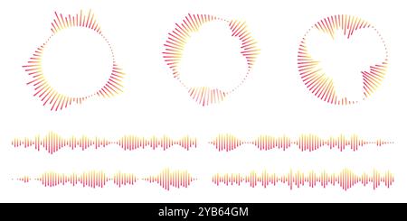Serie di icone di ripple circolari. Cerchi concentrici con linee interrotte isolate su sfondo bianco. Vortice, onda sonar, onda sonora, sunburst, segnali Illustrazione Vettoriale