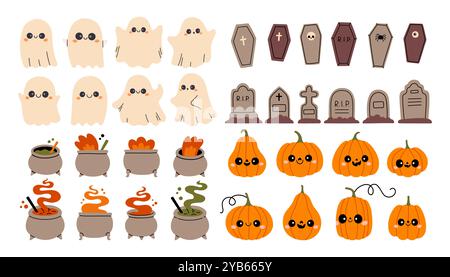 Set di elementi Halloween isolato. Fantasma, zucca, calderone, tomba e bara. Per scrapbooking, cartolina, adesivo, poster Illustrazione Vettoriale