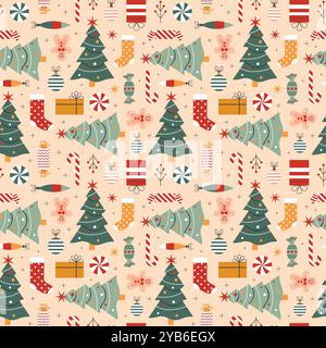 Motivo natalizio senza cuciture con Holiday Tree Illustrazione Vettoriale
