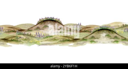 Paesaggio di colline ondulate scogliere campi prati pascoli brughiere palude vista alpina fiori disegnati a mano in acquerello. Banner senza interruzioni. Per Foto Stock