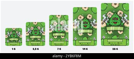 Ceppi di mele verdi e erba bud con fumatore Mascot Cartoon. Set di coperture per l'imballaggio del prodotto con 1G, 3, 5 G, 7G, 14G e 28G. Dimensioni scalabili senza Losin Illustrazione Vettoriale