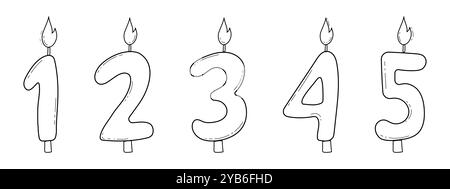 Le candele di compleanno contano un bel contorno a doodle, disegnate a mano. Imposta le decorazioni numerali delle feste con fiamma. . Illustrazione vettoriale Illustrazione Vettoriale