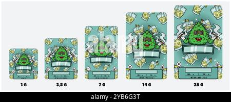 Mojito Sains e Weed Bud con fumatore Mascot Cartoon. Set di coperture per l'imballaggio del prodotto con 1G, 3, 5 G, 7G, 14G e 28G. Dimensioni scalabili senza perdere Illustrazione Vettoriale