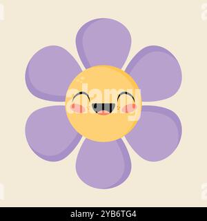 Il simpatico personaggio dei cartoni animati a margherita in stile infantile è sorridente. Icona del fiore felice in un design piatto. Illustrazione vettoriale Illustrazione Vettoriale