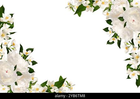 Disposizione degli angoli dei fiori. Delicata cornice floreale con fiori di peonia bianca e gelsomino. Foto Stock