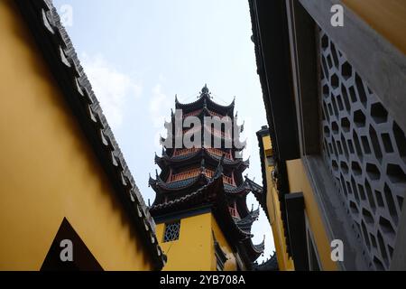 Tempio Jinshan. Un tempio buddista a Zhenjiang, Jiangsu, Cina. Vista ad angolo basso Foto Stock