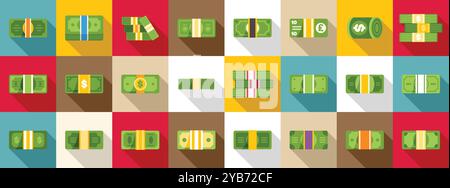 Set di icone Money bundle. Ampia serie di pacchetti di contanti in varie valute sdraiati con lunghe ombre su uno sfondo colorato Illustrazione Vettoriale