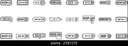 Ignora il set di icone degli annunci. Raccolta di vari pulsanti per saltare gli annunci con il cursore che fa clic per saltare gli annunci Illustrazione Vettoriale