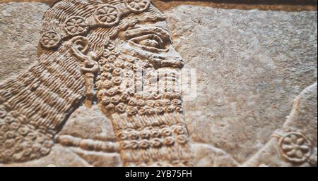 Vista ravvicinata sulla figura con alette. Frammento architettonico del pannello dal Palazzo nordoccidentale di Ashurnasirpal II del periodo neo-assiro. Nella figura è illustrata l'ala Foto Stock