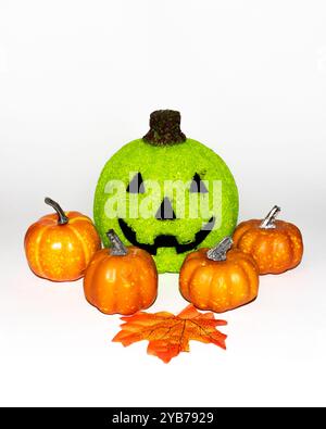 Felice zucca gialla decorativa circondata da quattro zucche arancioni e foglie autunnali su sfondo bianco con spazio per le copie Foto Stock