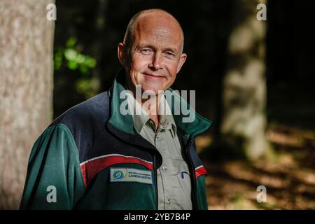 Buchholz, Germania. 17 ottobre 2024. Chris Freise, direttore delle foreste statali Schleswig-Holstein, si trova nella foresta. La stagione della raccolta del faggio è iniziata nello Schleswig-Holstein. Crediti: Frank Molter/dpa/Alamy Live News Foto Stock