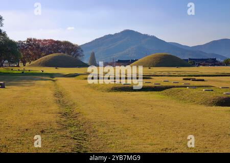 Gyeongju City, Corea del Sud - 11 novembre 2023: Tumuli sepolcrali gemelli della Tomba del re Naemul di Silla, parte delle aree storiche di Gyeongju, stand Foto Stock
