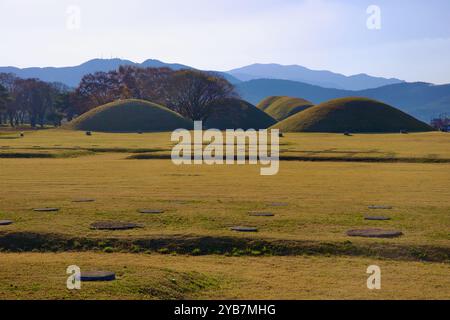 Città di Gyeongju, Corea del Sud - 11 novembre 2023: La tomba del re Naemul di Silla è circondata da altri tumuli sepolcrali nelle aree storiche di Gyeongju Foto Stock