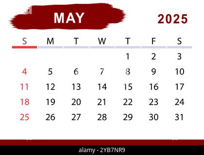 Maggio 2025 calendario mensile semplice. Inizio domenica. Progettazione vettoriale Illustrazione Vettoriale