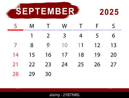Settembre 2025 calendario mensile semplice. Inizio domenica. Progettazione vettoriale Illustrazione Vettoriale