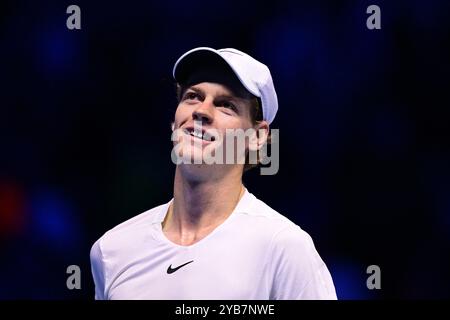 Torino, Italia. 18 novembre 2023. Foto Marco Alpozzi/LaPresse 18 novembre 2023 Torino - Italia - Sport - Tennis Nitto ATP Finals - Jannik SINNER (ITA) vs Daniil MEDVEDEV (RUS) nella foto: Jannik Sinner (Italia) esulta dopo la vittoria 18 novembre 2023 Torino - Italia - Sport - Tennis Nitto ATP Finals - Jannik SINNER (ITA) vs Daniil MEDVEDEV (RUS) nella Credit:Jannik Presse Italia: Live: Jannik Presse Foto Stock