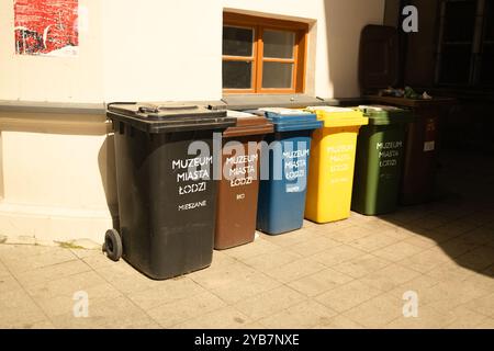 Problema di inquinamento da plastica. Grandi contenitori in plastica multicolore per la raccolta dei rifiuti vicino a un edificio sulla strada Foto Stock