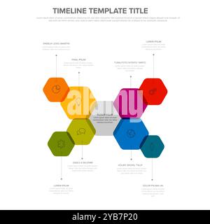Modello infografico multiuso con esagoni semplici con nove elementi e elemento centrale. Infochart con icone, blocchi di colore e descrizioni. Illustrazione Vettoriale