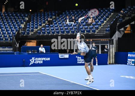 Anversa, Belgio. 17 ottobre 2024. Il belga Sander Gille è stato raffigurato in azione durante una partita di tennis nei quarti di finale della competizione di doppio all'ATP European Open Tennis Tournament di Anversa, giovedì 17 ottobre 2024. BELGA PHOTO TOM GOYVAERTS credito: Belga News Agency/Alamy Live News Foto Stock