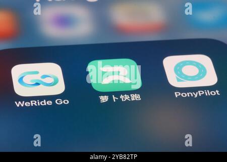 Shanghai, Cina - 24 luglio 2024: WeRide Go, Apollo Go e PonyPilot. Varie app cinesi per il servizio di robotaxi Foto Stock