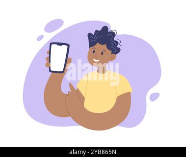 Uomo che mostra lo smartphone. Giovane carattere positivo. Concetto di business, tecnologia, servizi Illustrazione Vettoriale