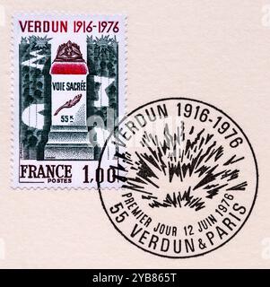 Francobollo di Francia che raffigura il sessantesimo anniversario di Verdun e cancellato il primo giorno di emissione, 12 giugno 1976. Foto Stock