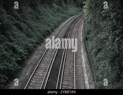 Binari ferroviari doppi in campagna per una presentazione di sfondo scuro legata al movimento e ai trasporti per un forte successo commerciale. Foto Stock