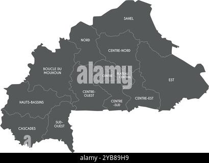 Mappa vettoriale del Burkina Faso con regioni o territori e divisioni amministrative. Livelli modificabili ed etichettati in modo chiaro. Illustrazione Vettoriale