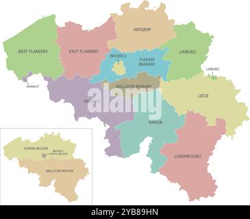 Mappa vettoriale del Belgio con regioni, province e divisioni amministrative. Livelli modificabili ed etichettati in modo chiaro. Illustrazione Vettoriale