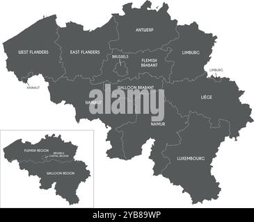 Mappa vettoriale del Belgio con regioni, province e divisioni amministrative. Livelli modificabili ed etichettati in modo chiaro. Illustrazione Vettoriale