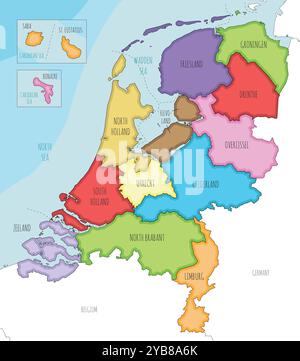 Vettoriale ha illustrato la mappa regionale dei Paesi Bassi con province, comuni speciali dei Caraibi e divisioni amministrative, e paesi limitrofi Illustrazione Vettoriale