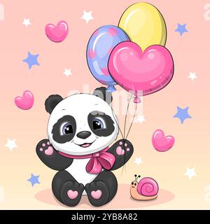 Carino panda cartoni animati con palloncini e lumaca. Illustrazione vettoriale di un animale su sfondo rosa con cuori e stelle. Illustrazione Vettoriale